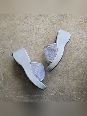 Vintage 90s Y2k Metallic Silver Platforms Zodiac Sandals Psychedelic Prom 7